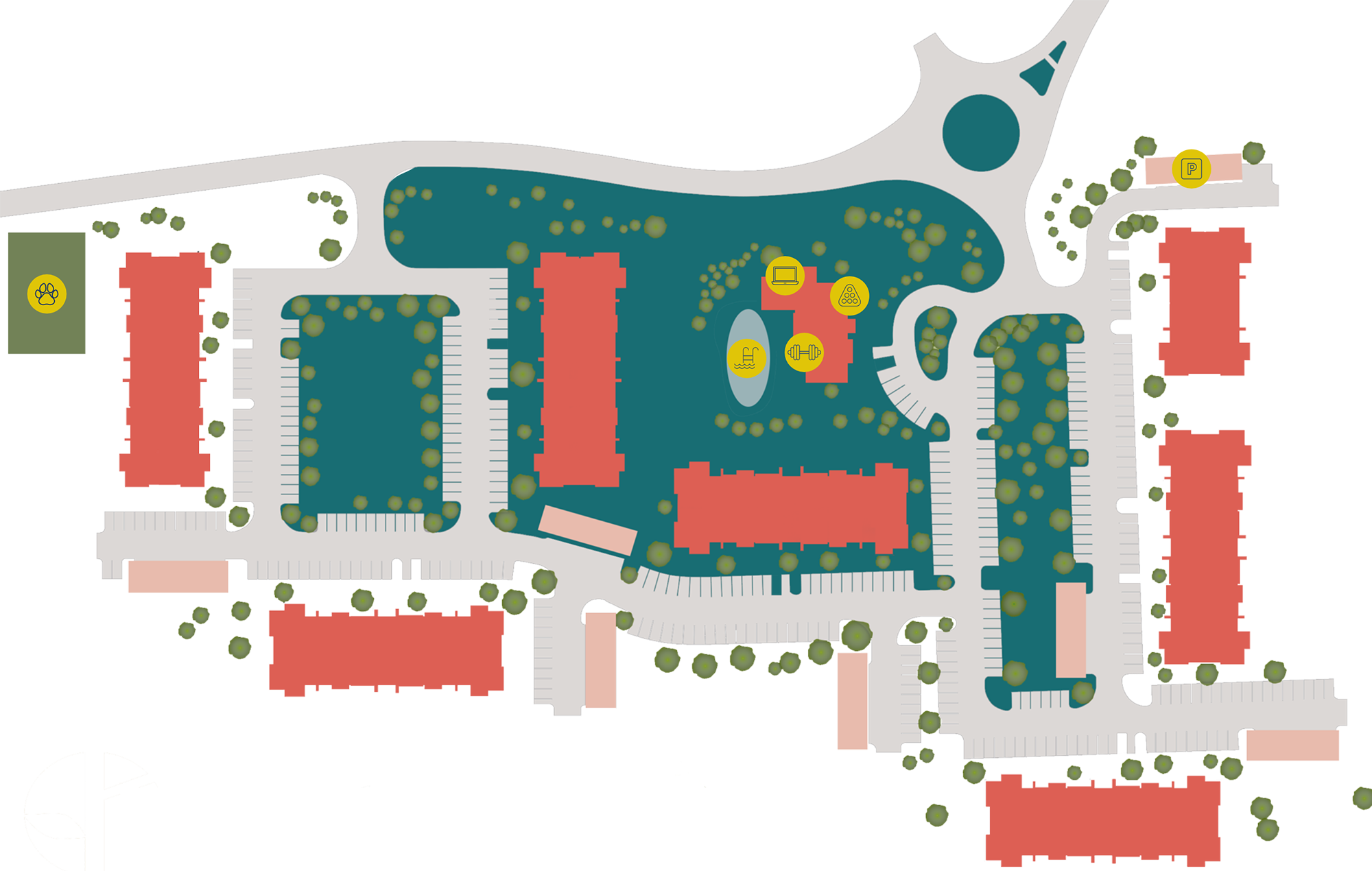 Map graphic depicting all amenity locations at Halstead Hopkinton