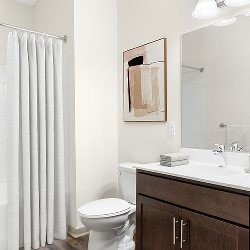Apartment bathroom with dark wood vanity